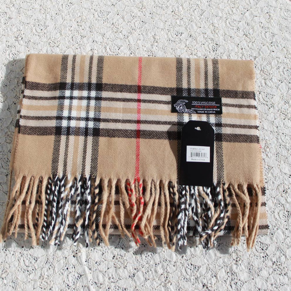 Janice Apparel Women's Faux Cashmere Scarf Classic Tan Plaid Tartan Fringe - Picture 8 of 11